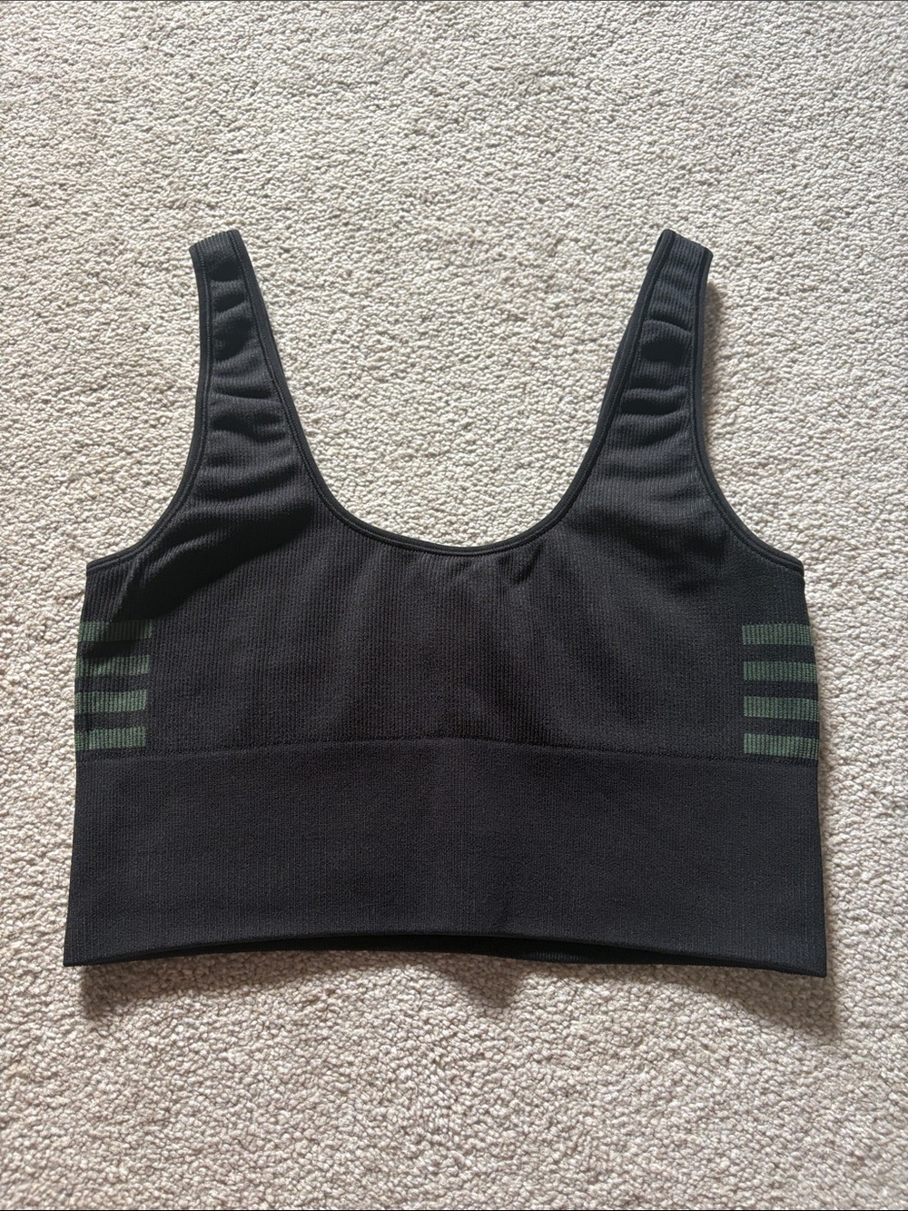 Outdoor Voices Black Seamless Crop Sports Bra with Forest Green Stripe Accents